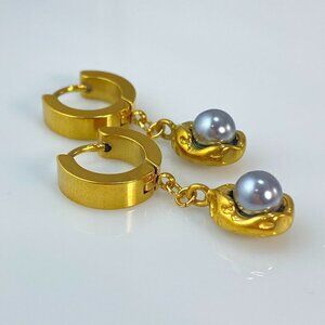 Pearl in Gold Bean Pods on Stainless Steel Huggie Hoop Earrings